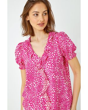 Roman Pebble Print Ruffle Front Blouse - Pink