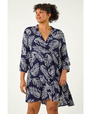 Roman Curve Leaf Print Wrap Smock Dress - Blue