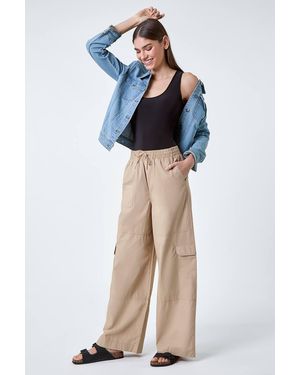 Roman Cotton Elastic Waist Wide Leg Cargo Trousers - Blue