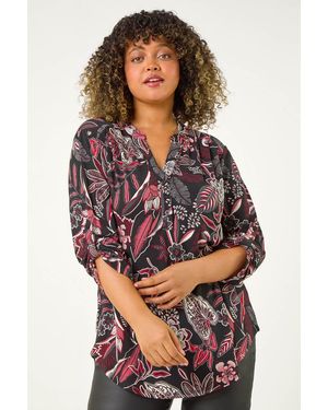 Roman Curve Floral Print V-Neck Stretch Shirt - Red