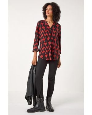 Roman Geometric Print Stretch Blouse - Red