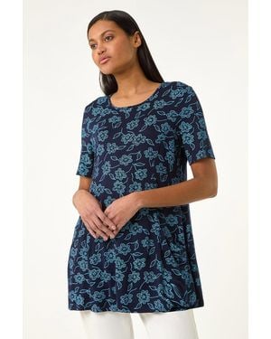 Roman Floral Hanky Hem Pocket Tunic Top - Blue