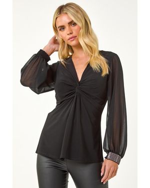 Roman Petite V-Neck Diamante Cuff Stretch Top - Black