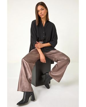 Roman Coated Stretch Waist Wide Leg Trousers - Black