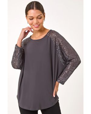 Roman Sequin Sleeve Tunic Stretch Top - Grey
