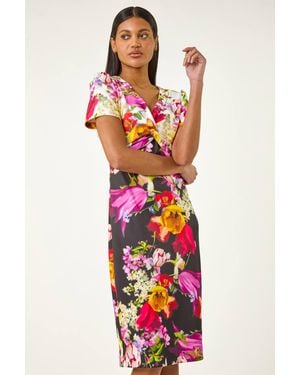 Roman Floral Print Twist V-Neck Stretch Dress - White