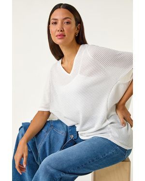 Roman Textured V-Neck Cocoon Stretch Top - White