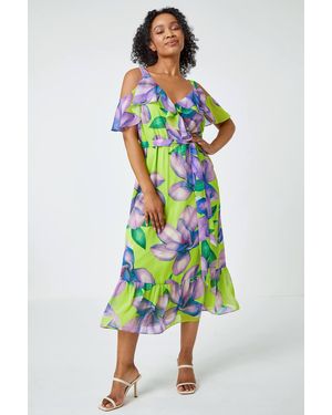 Roman Petite Floral Cold Shoulder Chiffon Midi Dress - Green