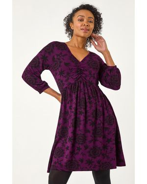 Roman Petite Floral Ruched Dress - Purple