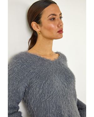 Roman V-Neck Fluffy Knit Jumper - Grey