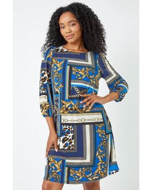 Roman Petite Abstract Animal Print Shift Dress - Blue
