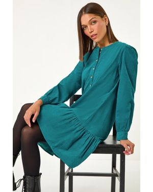 Roman Corduroy Button Detail A-Line Dress - Blue