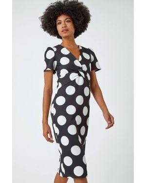 Roman Polka Dot Premium Stretch Midi Twist Dress - White
