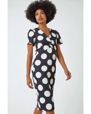 Roman Polka Dot Premium Stretch Midi Twist Dress - White