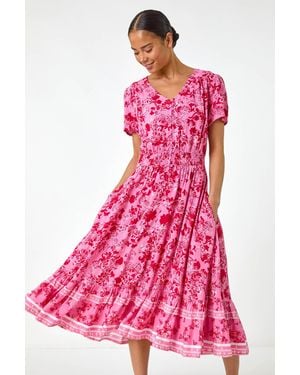 Roman Petite Floral Border Midi Dress - Pink
