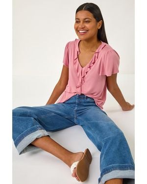Roman Ruffle Front Stretch Top - Blue