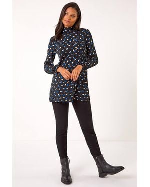 Roman Abstract Print High Neck Tunic Top - Blue