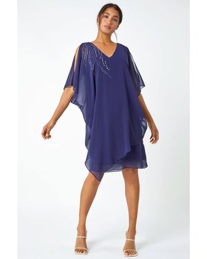 Roman Embellished Cold Shoulder Overlay Dress - Blue