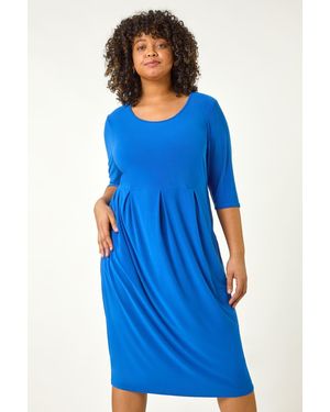 Roman Curve Pocket Shift Midi Dress - Blue