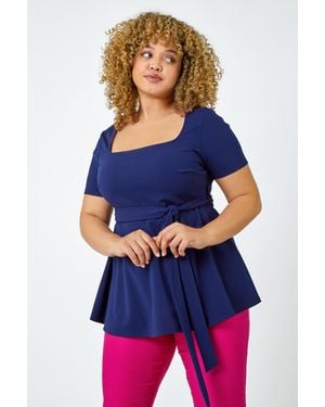 Roman Curve Stretch Belted Peplum Top - Blue