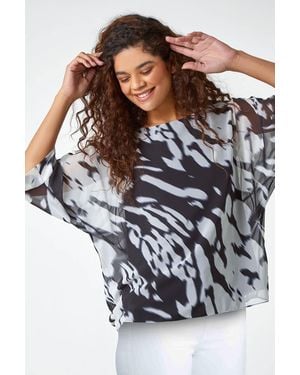 Roman Abstract Print Chiffon Overlay Top - White