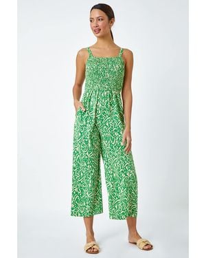Roman Aztec Print Crop Shirred Jumpsuit - Green