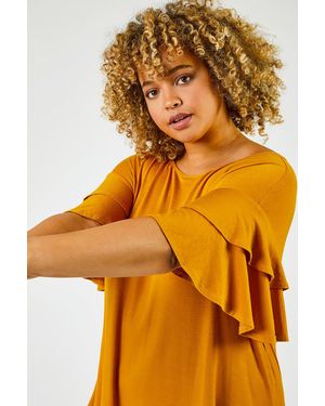 Roman Curve Plain Frill Sleeve Detail Tee - Orange
