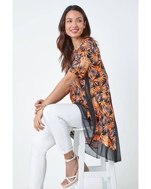 Roman Tropical Print Chiffon Hem Stretch Tunic Top - White