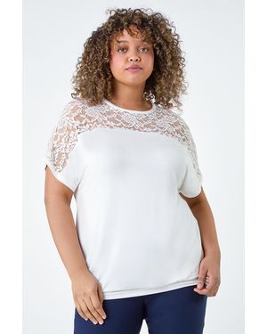 Roman Curve Lace Yoke Stretch Bubble Hem Top - White
