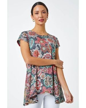 Roman Floral Stretch Hanky Hem Tunic Top - Red
