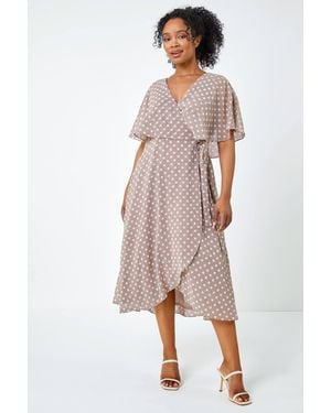 Roman Petite Polka Dot Chiffon Cape Dress - Grey