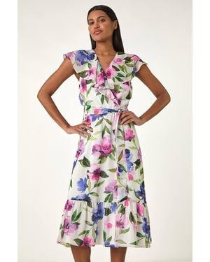 Roman Floral Frill Wrap Midi Dress - White