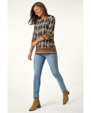 Roman Ikat Border Hem Stretch Top - Blue