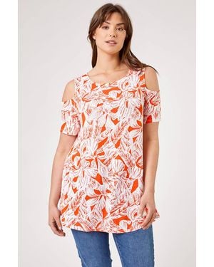 Roman Curve Leaf Print Cold Shoulder Jersey Top - Orange