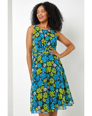 Roman Petite Floral Buckle Detail Chiffon Dress - Blue
