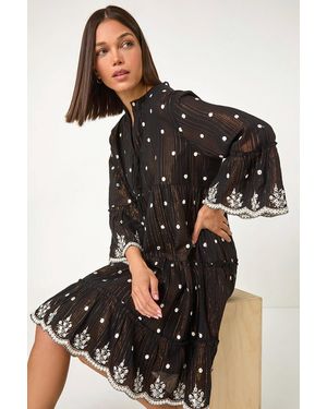 Roman Mirrored Shimmer Detail Cotton Smock Dress - Black