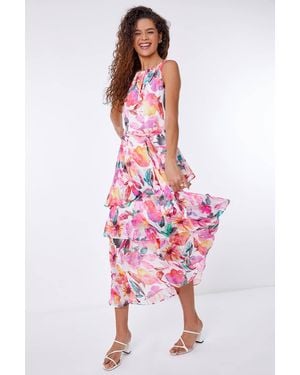Roman Floral Print Chiffon Frill Midi Dress - Pink