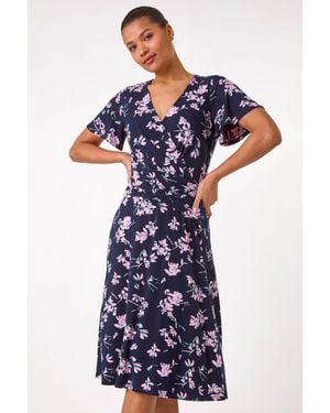 Roman Floral Print Wrap Over Midi Dress - Blue
