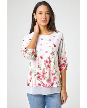 Roman Floral Border Print Chiffon Hem Top - White