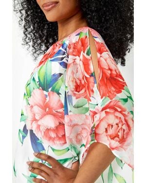 Roman Petite Floral Print Cold Shoulder Chiffon Top - Multicolour