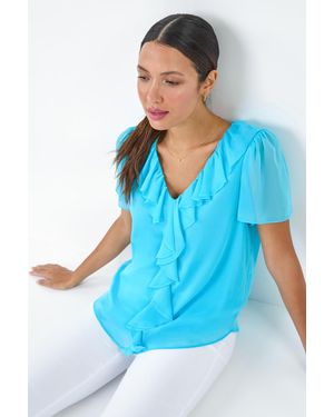 Roman Crinkle Textured V-Neck Frill Detail Top - Blue