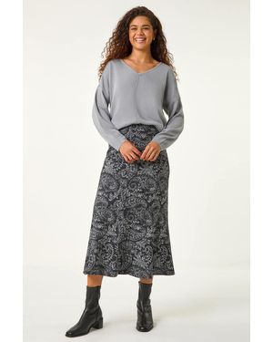 Roman Leaf Print Panelled Tulip Skirt - Grey