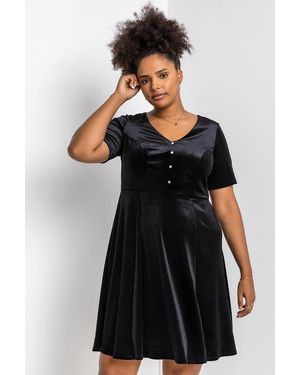 Roman Curve Diamante Button Velvet Dress - Black