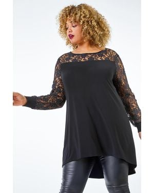 Roman Curve Metallic Lace Yoke Jersey Top - Black