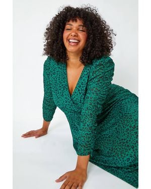Roman Curve Leopard Print Hanky Hem Wrap Midi Dress - Green