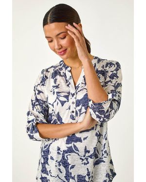 Roman Floral Print Burnout V-Neck Shirt - Blue