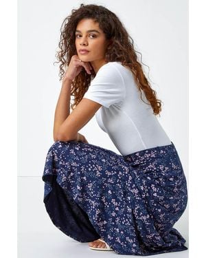 Roman Floral Print Elastic Waist Midi Stretch Skirt - Blue