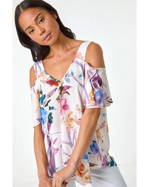 Roman Petite Floral Print Cold Shoulder Top - Red