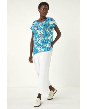 Roman Tropical Leaf Bobble Trim Top - Blue