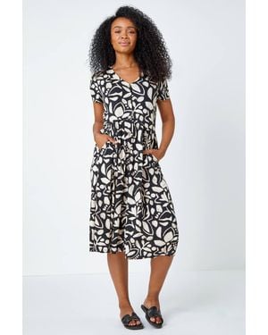 Roman Petite Floral Stretch Pocket Midi Dress - White